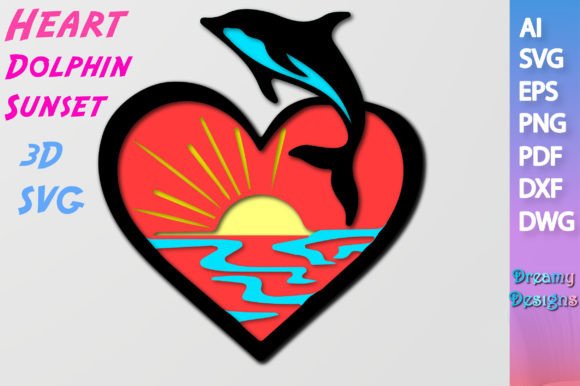 Heart Dolphin Sunset 3D SVG for Laser Cutting Wall Decor